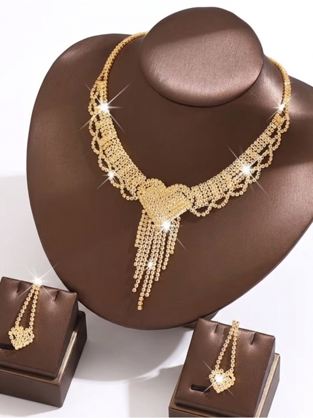 Gold Heart Fringe Necklace Set for Women - Luxe Gold Tone